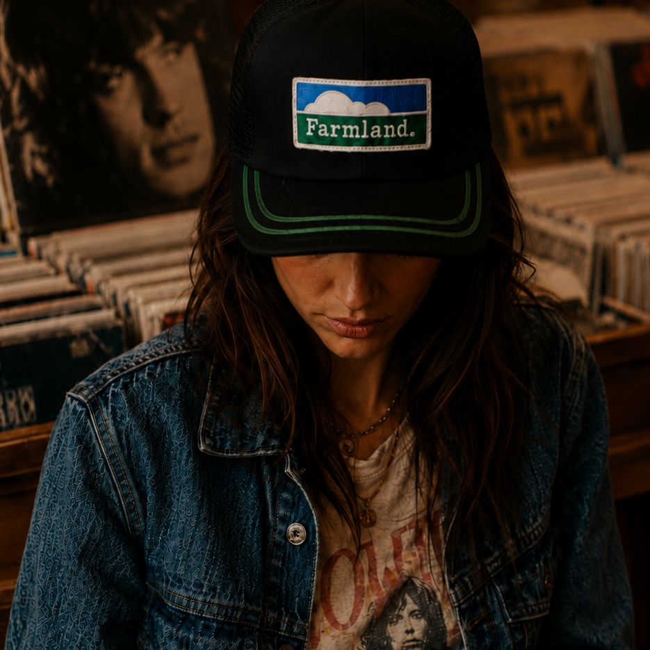 Vintage Farmland Black and Green Trucker Cap
